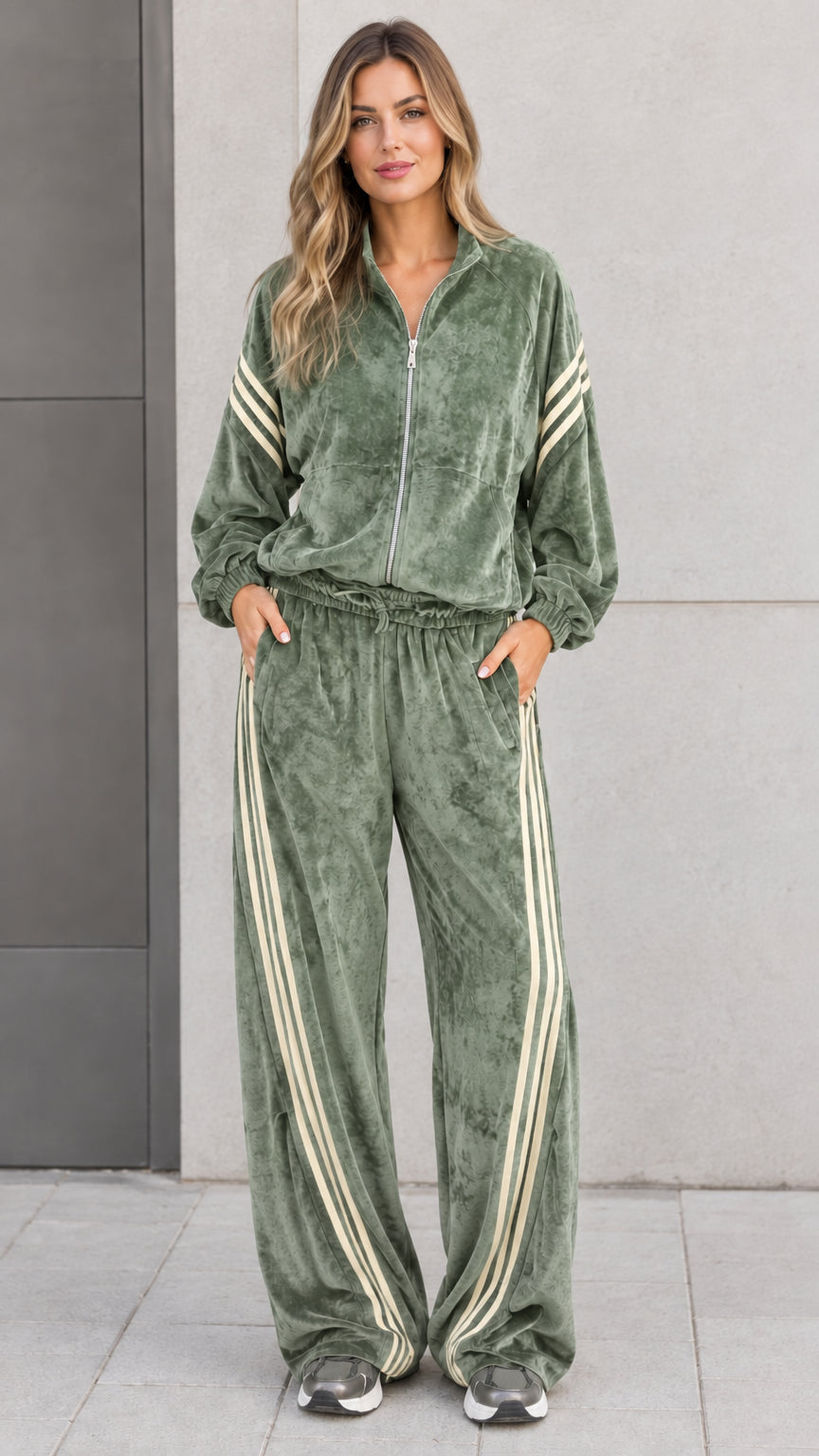 Front view of model wearing sage green velour tracksuit set with zip-up top and wide leg pants