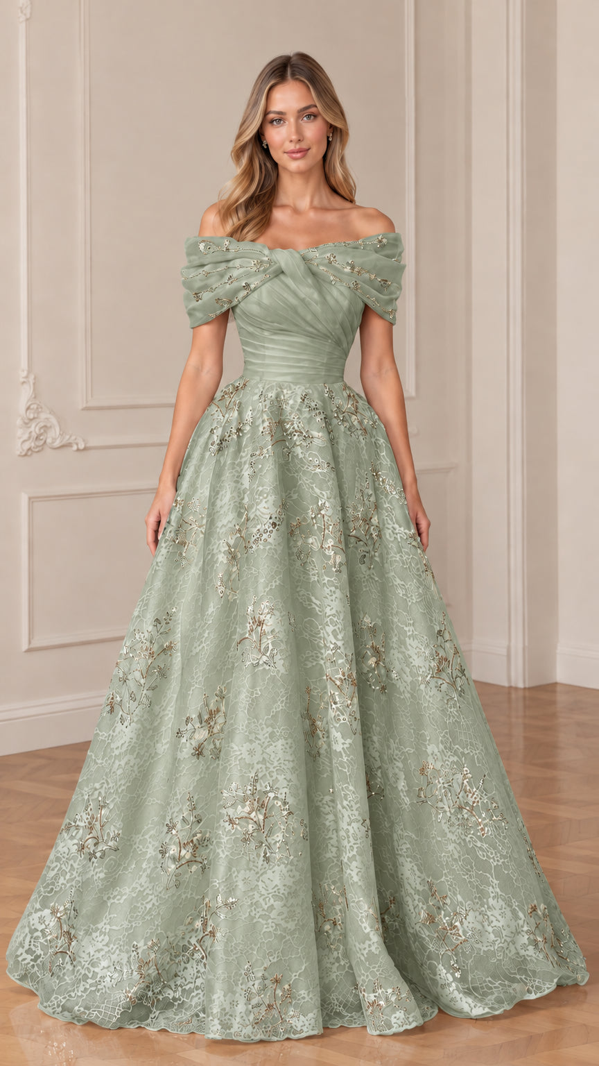 Front view of model in sage green off-the-shoulder floral A-line gown
