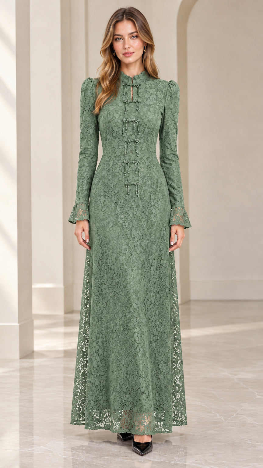 Full-length front view of Sage Green floral lace maxi dress