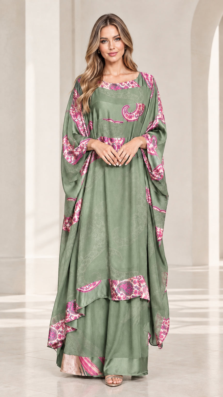 Full-length view of sage green paisley print kaftan maxi dress