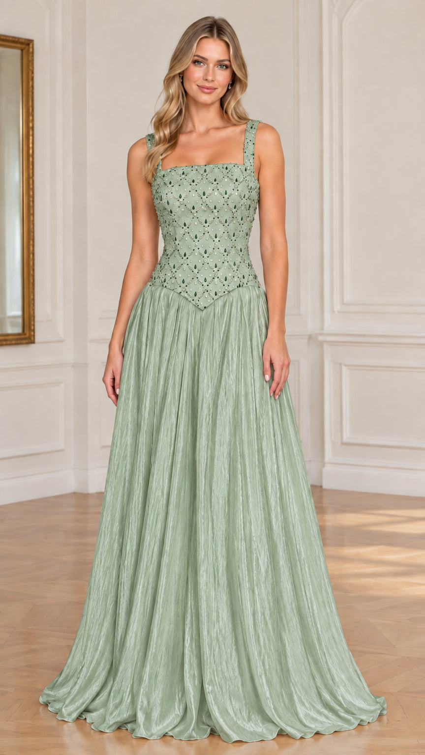 Model wearing sage green beaded bodice formal maxi gown