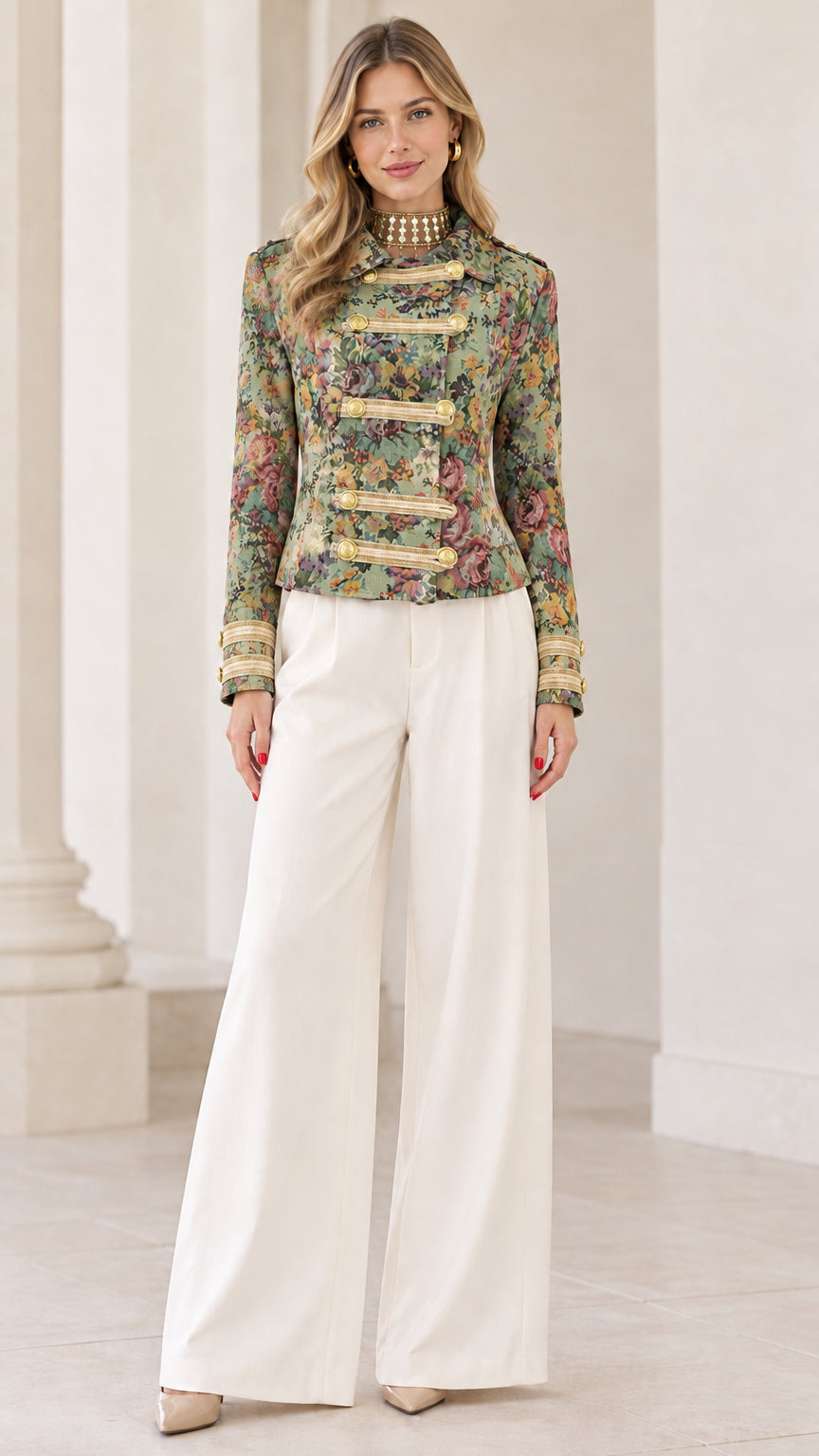 Full front view of Sage Floral tapestry military jacket styled with white trousers