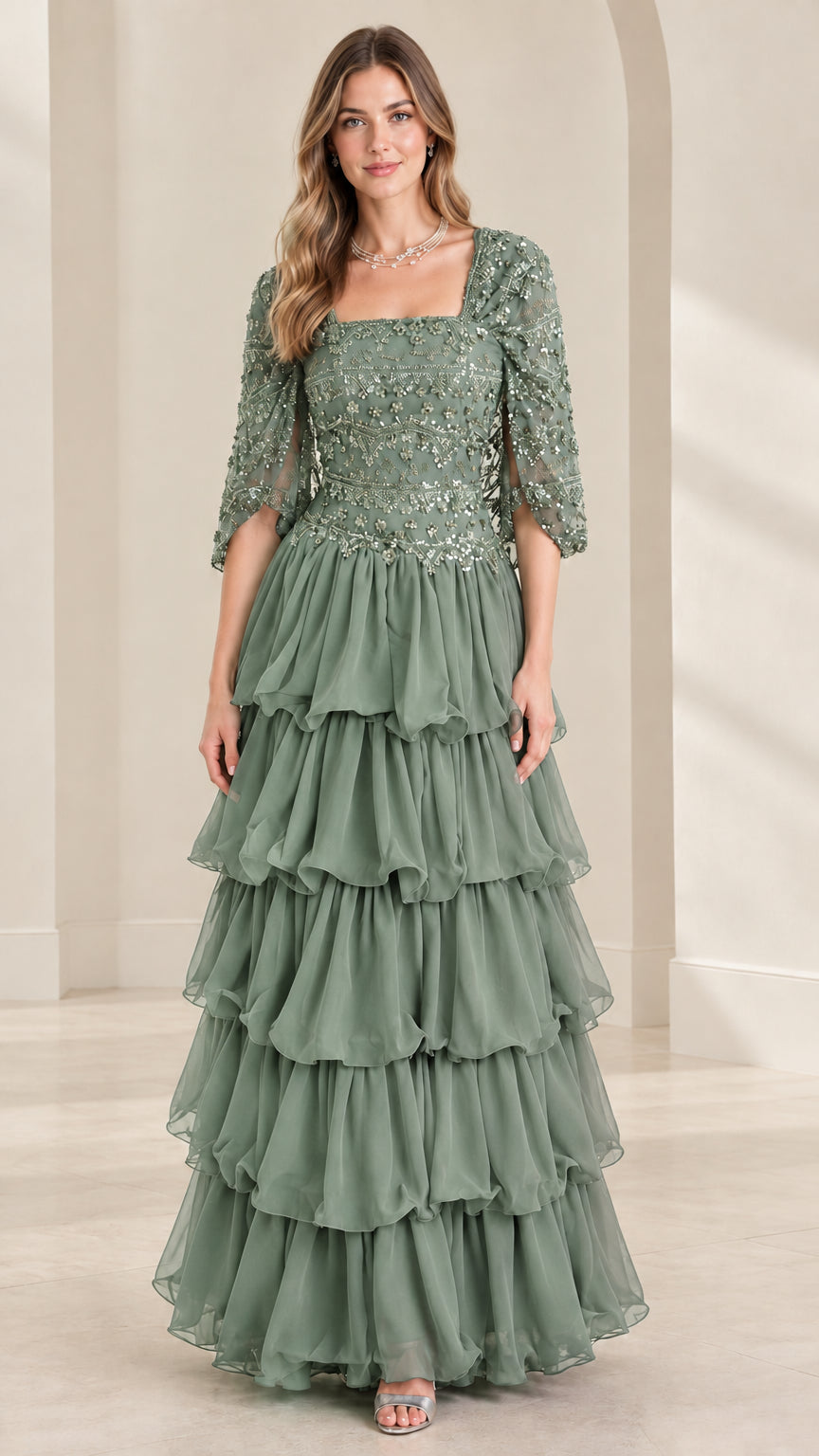 Full view of sage green beaded bodice tiered ruffle maxi formal dress