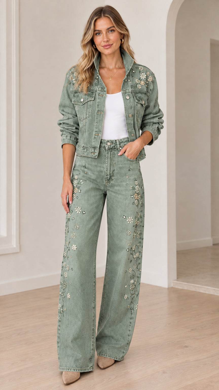 Model wearing sage green beaded denim jacket and matching wide-leg pants set