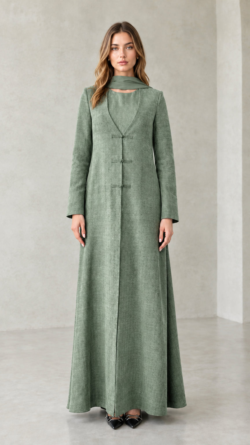Front view of model wearing Sage Green textured long sleeve maxi coat dress