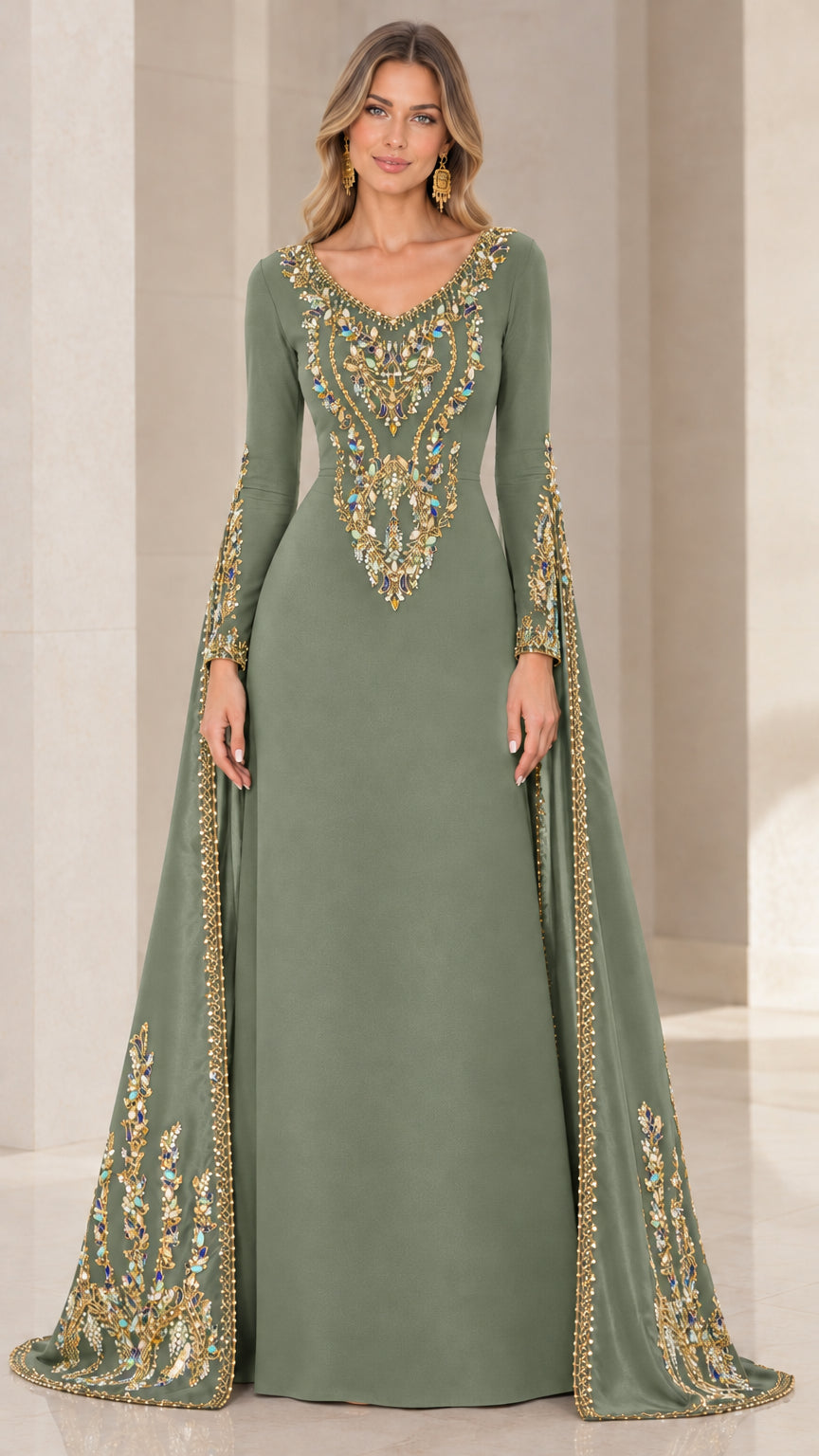 Front view of sage green embellished evening gown with flowing cape sleeves