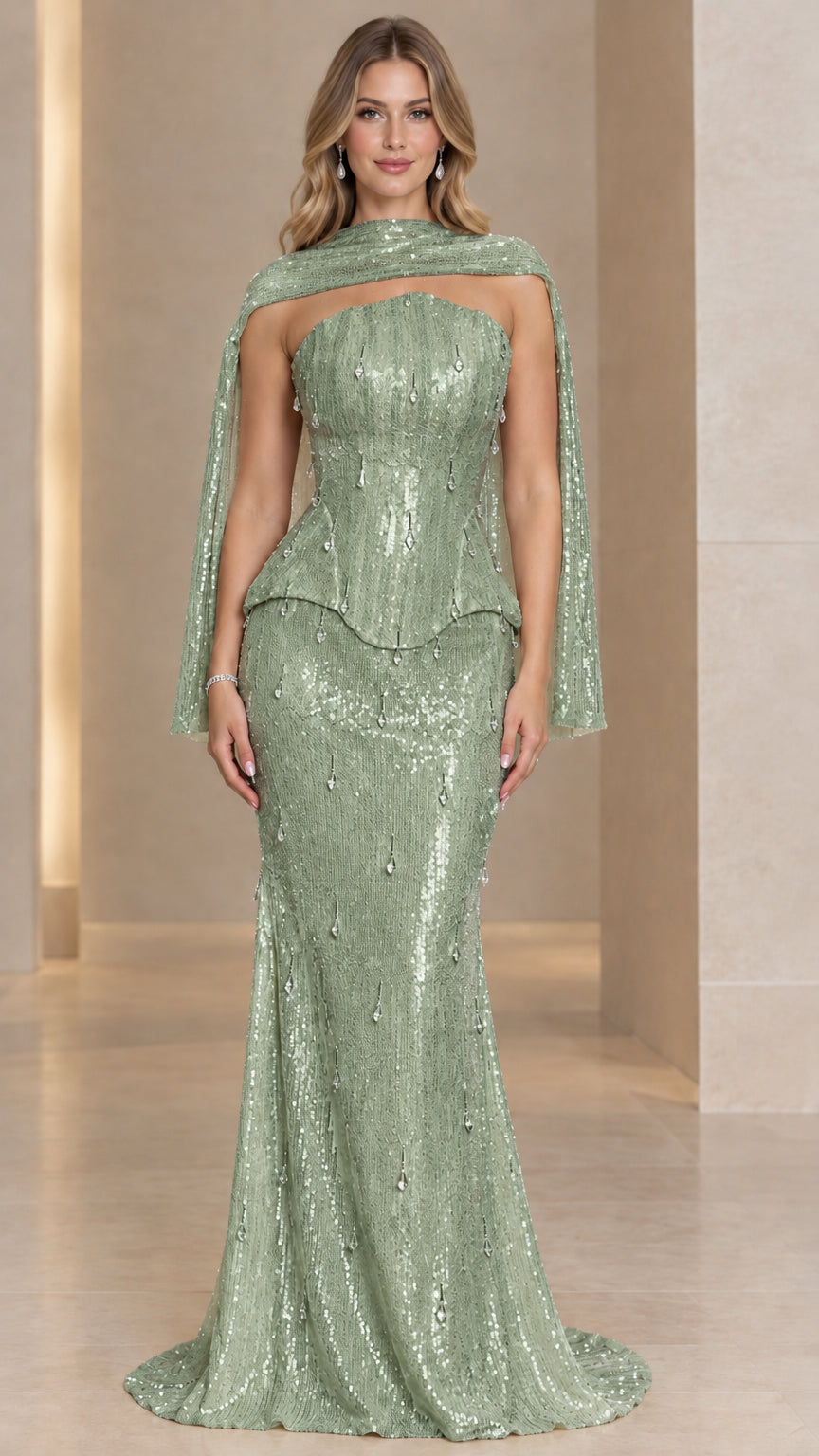 Sage green sequined floor-length formal dress with basque waist and cape wrap