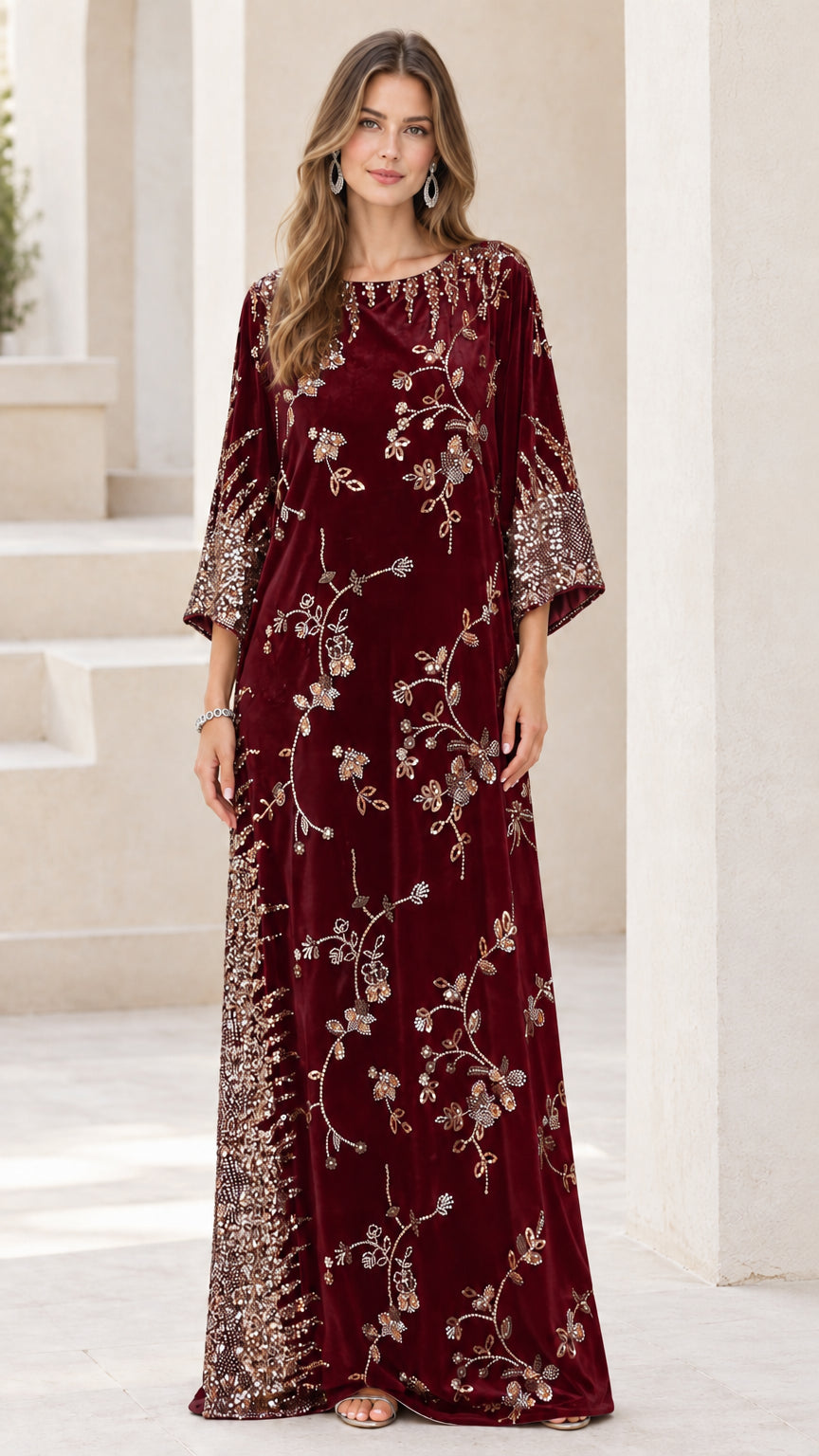 Front view of burgundy wine red embellished velvet kaftan maxi dress