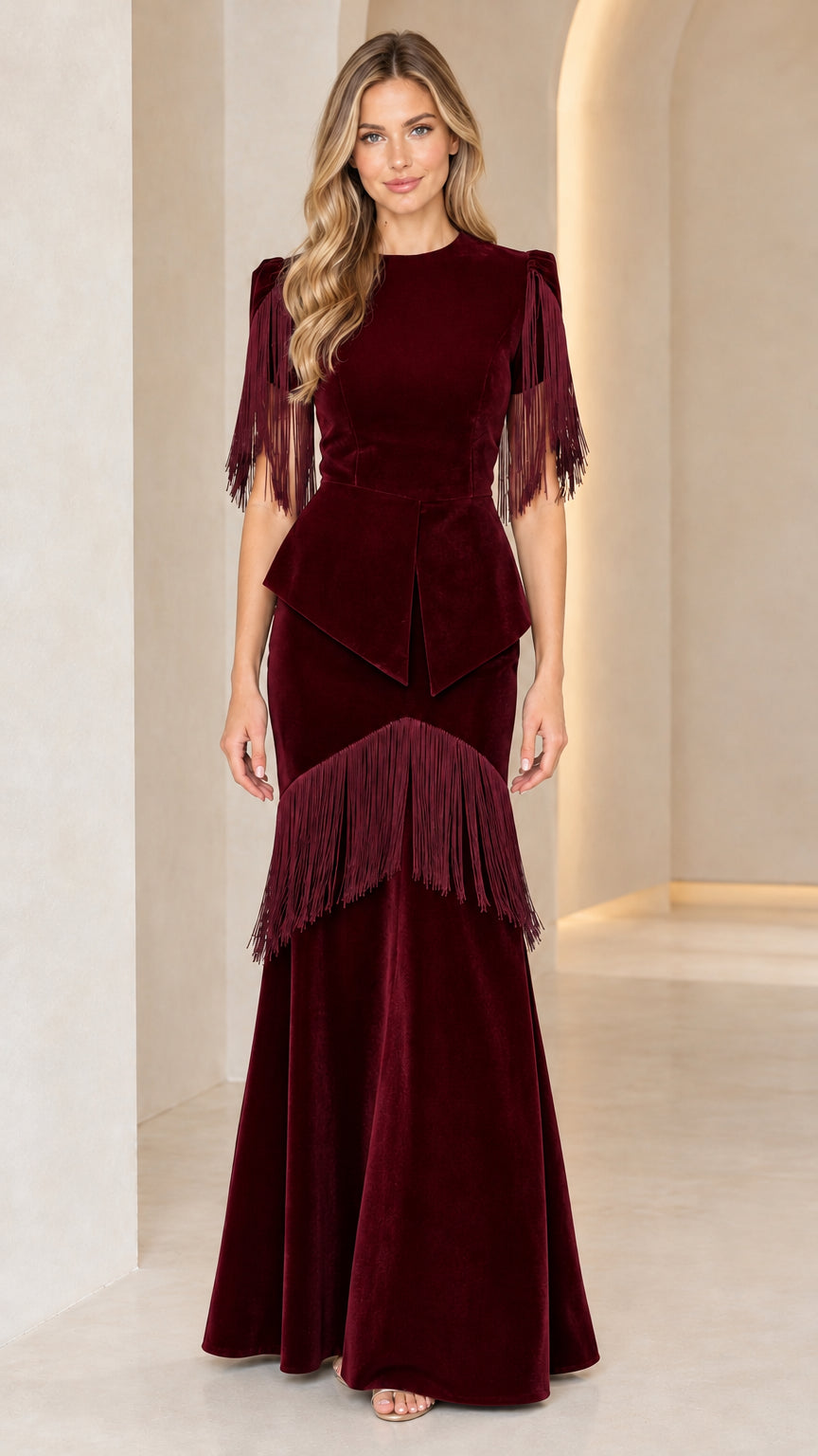Burgundy wine red velvet fringe peplum evening gown full-length view
