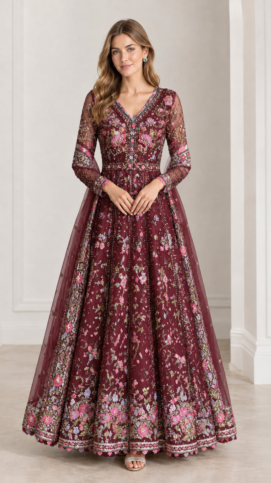 Full front view of model wearing Burgundy floral embroidered A-line evening dress
