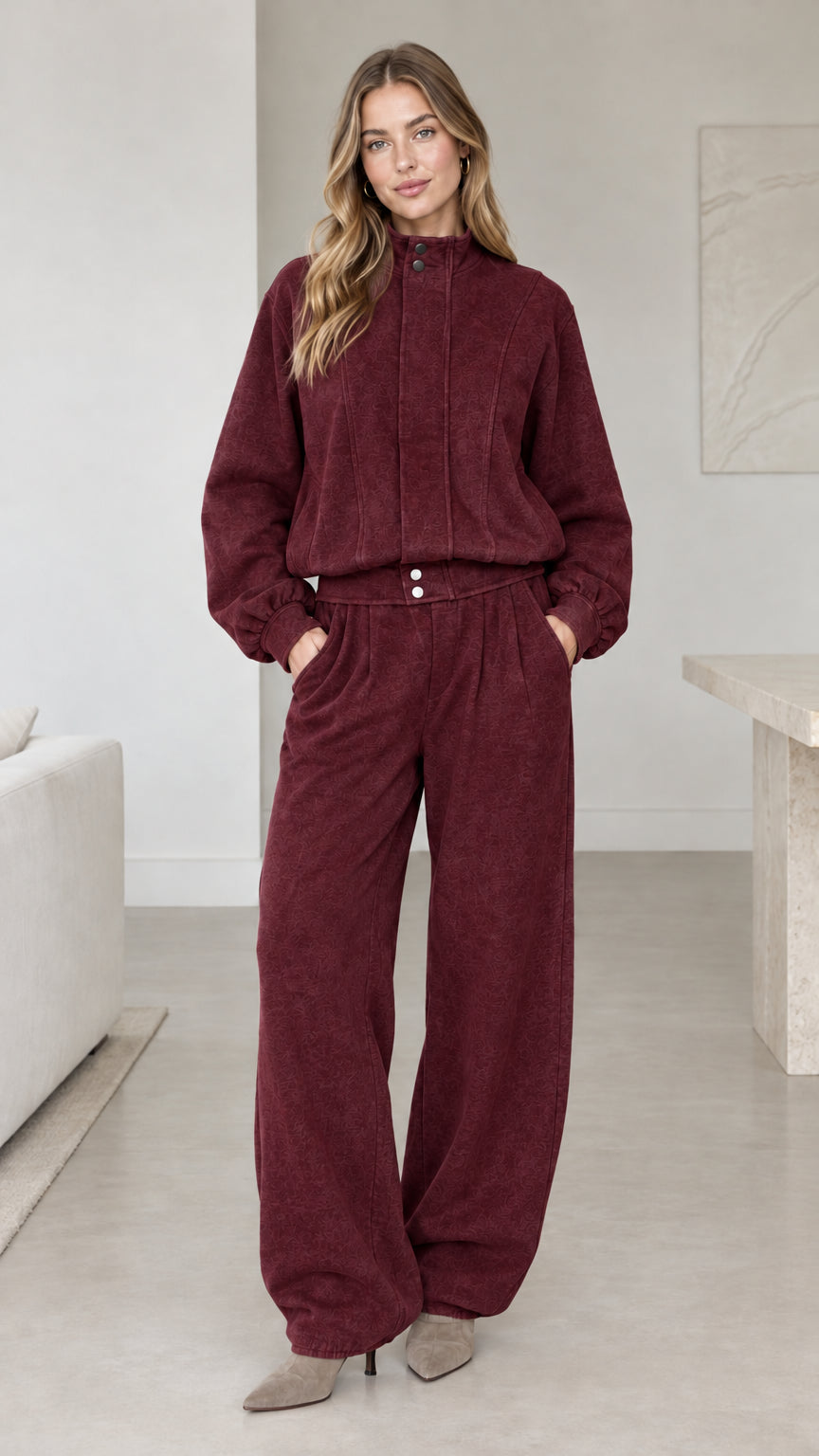 Women's burgundy high neck top and wide leg pants loungewear set