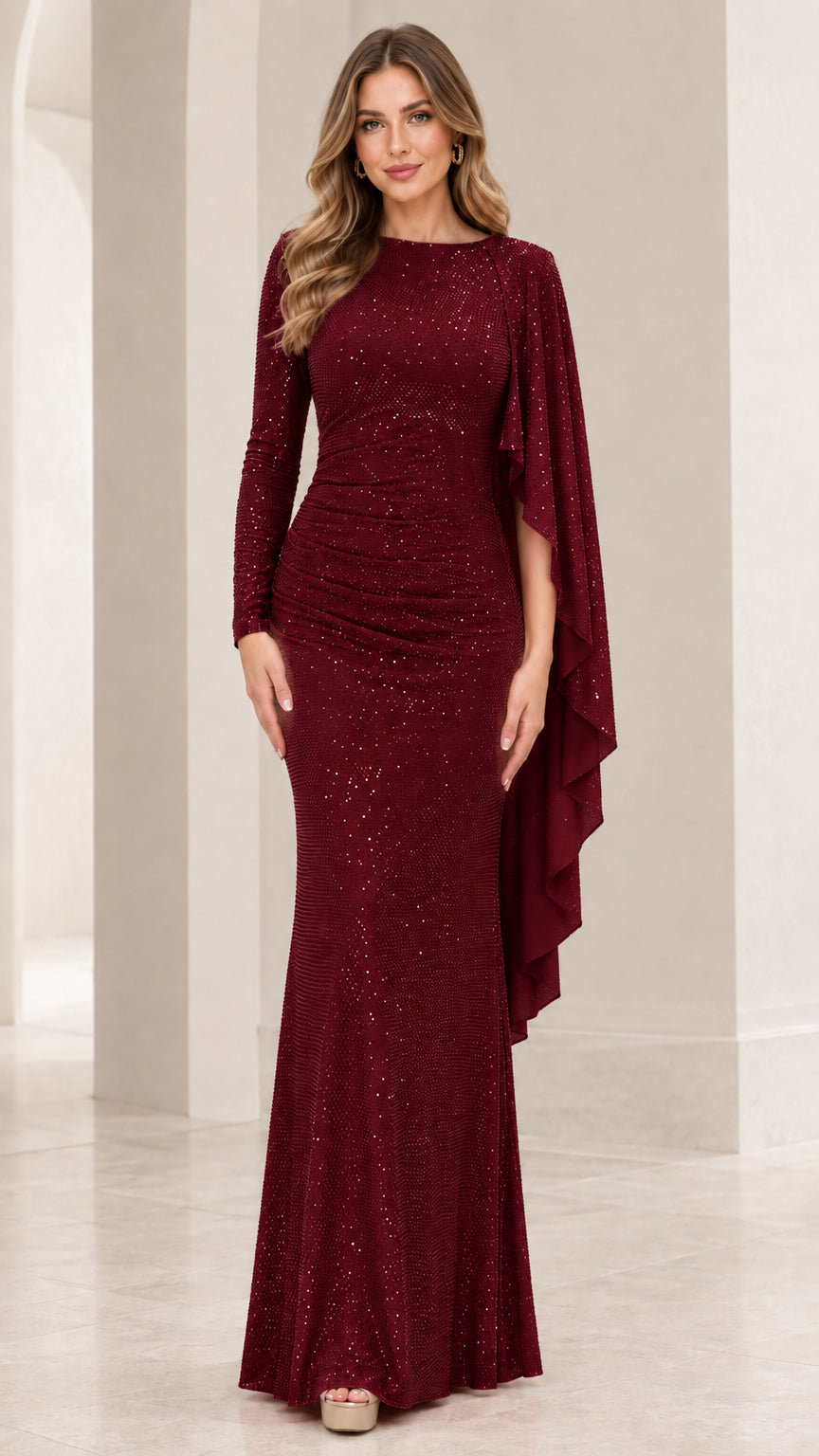 Burgundy wine red sequin evening dress with flowing asymmetric cape