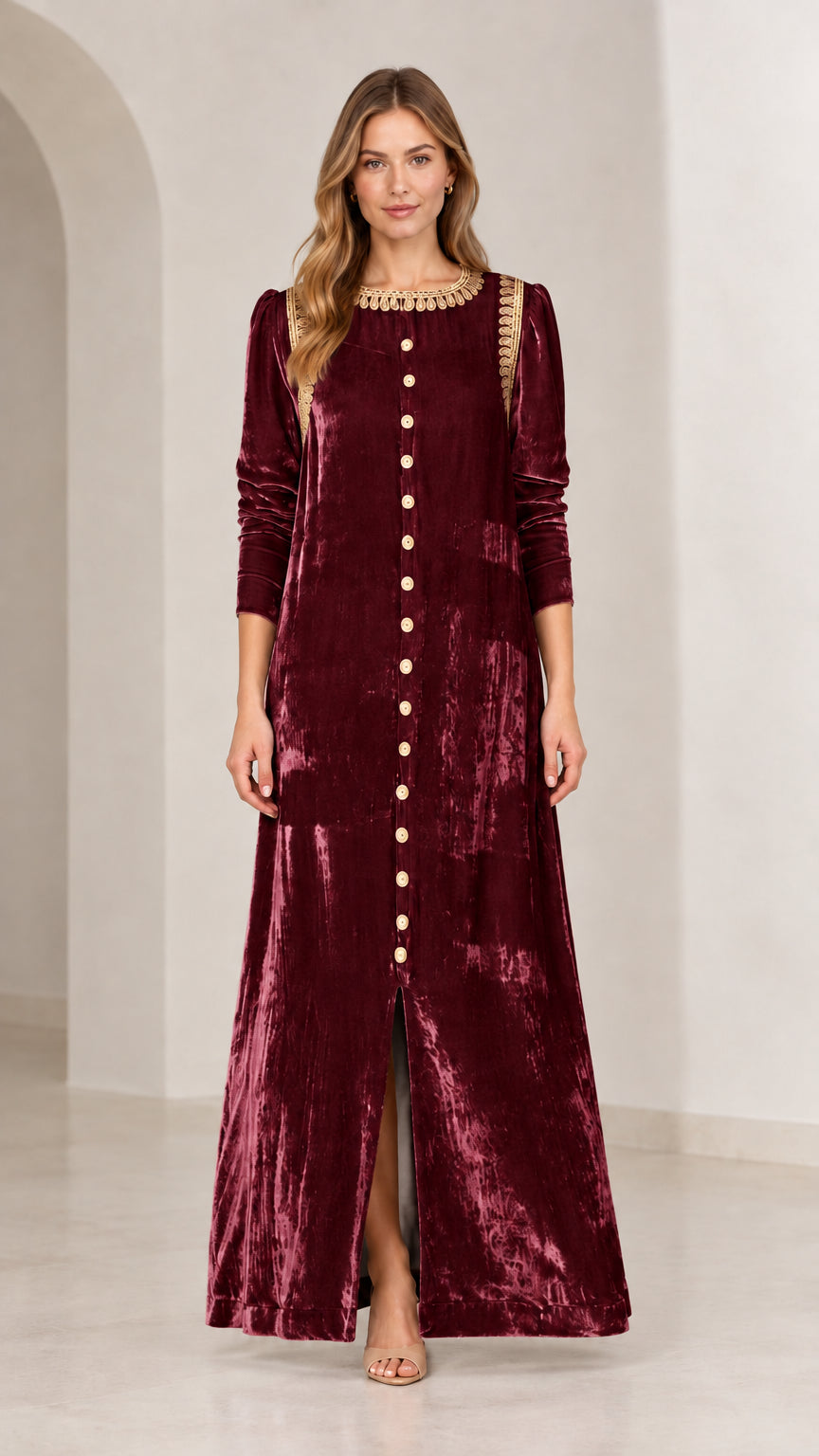 Full length front view of burgundy crushed velvet maxi dress