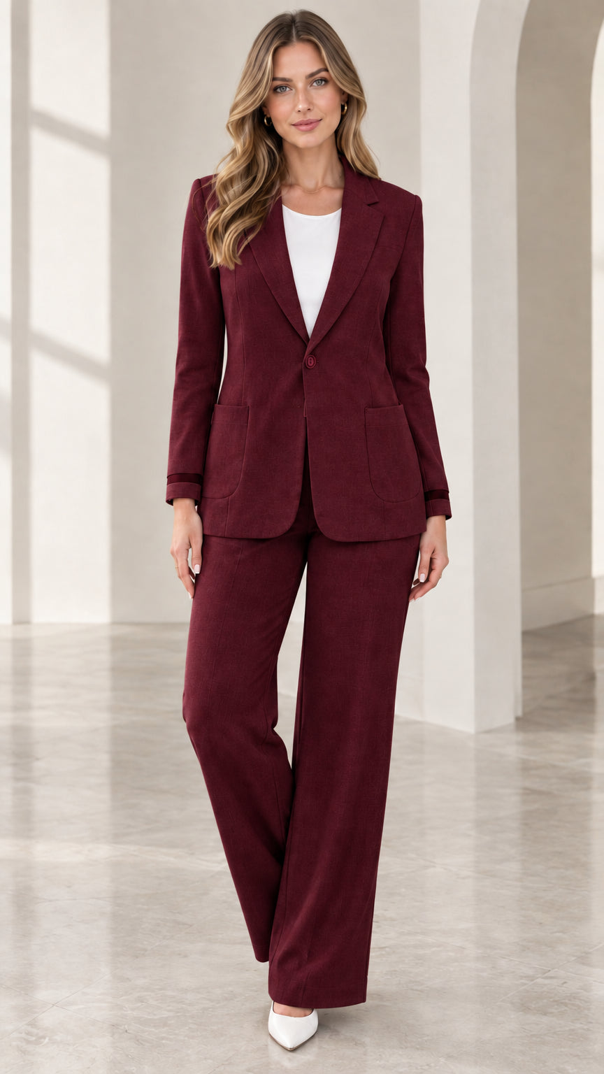 Deep burgundy tailored two-piece blazer and pant suit set