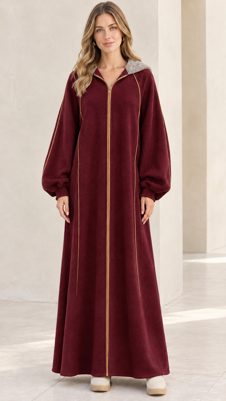 Front view of model wearing burgundy wine red hooded zip-front fleece maxi robe