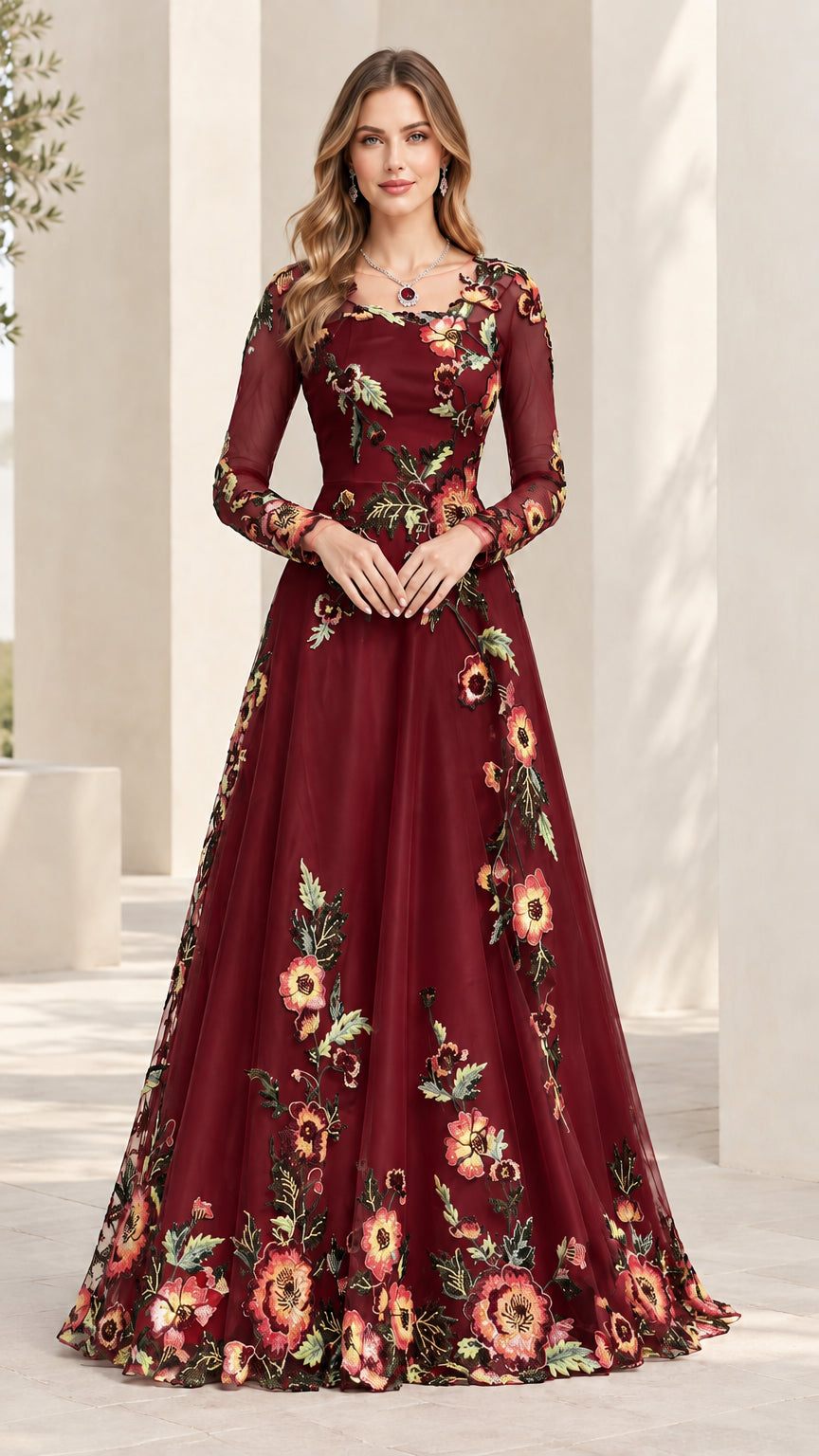 Burgundy wine red floral embroidered long sleeve formal evening gown