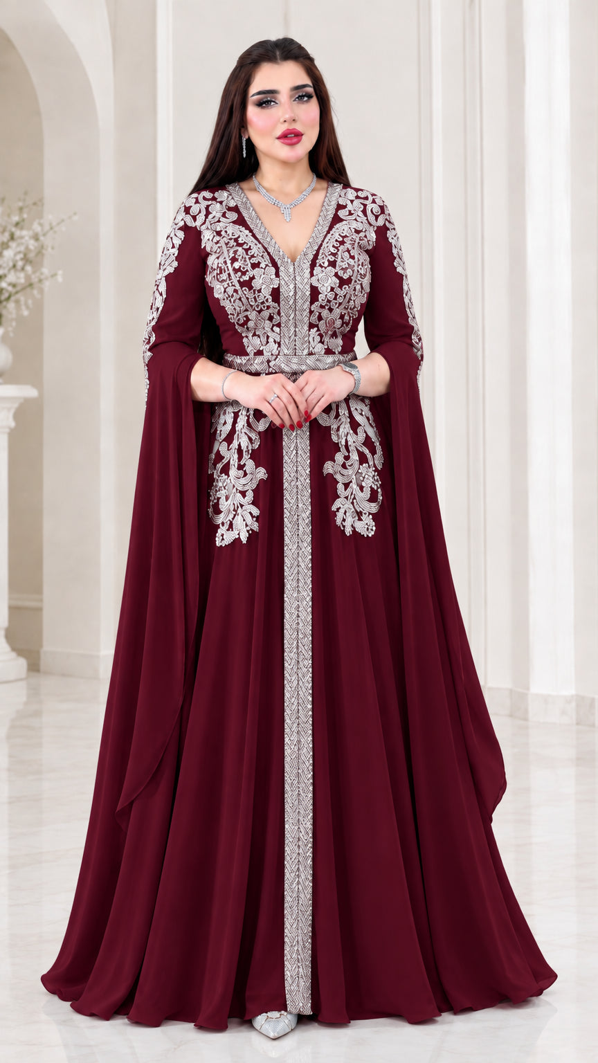 Burgundy wine embroidered cape sleeve kaftan formal dress