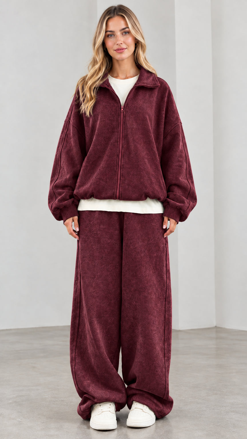 Women's burgundy red vintage wash zip-front jacket and wide-leg tracksuit set