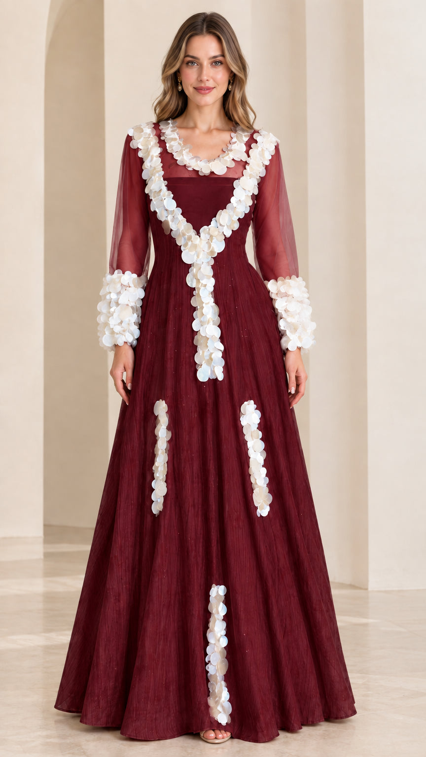 Front full-length view of burgundy red formal maxi gown with sheer sleeves and white appliqué accents