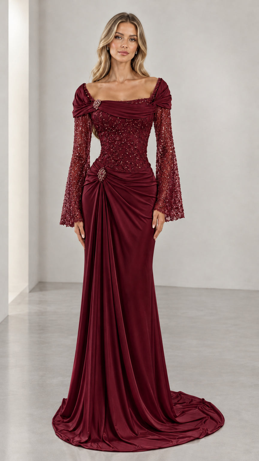 Burgundy red draped evening gown with sequin beaded lace bodice