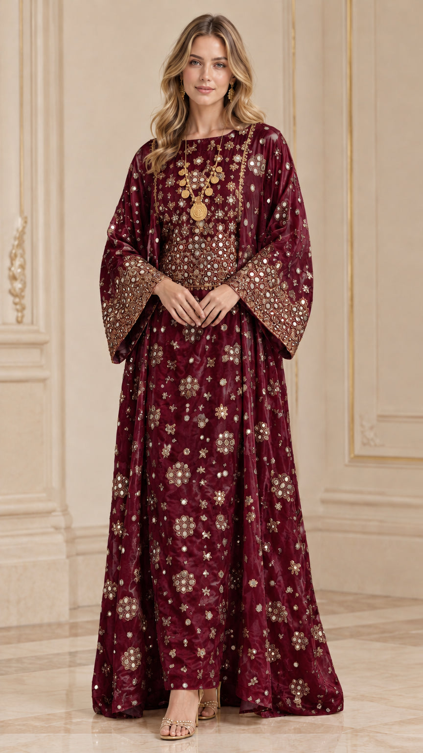 Front full-length view of woman wearing Burgundy metallic embroidered kaftan maxi dress