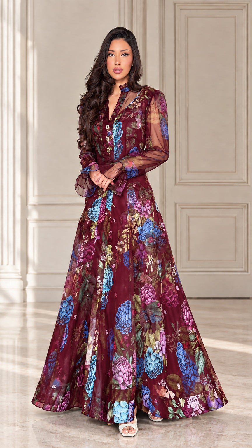 Burgundy wine floral organza floor-length dress