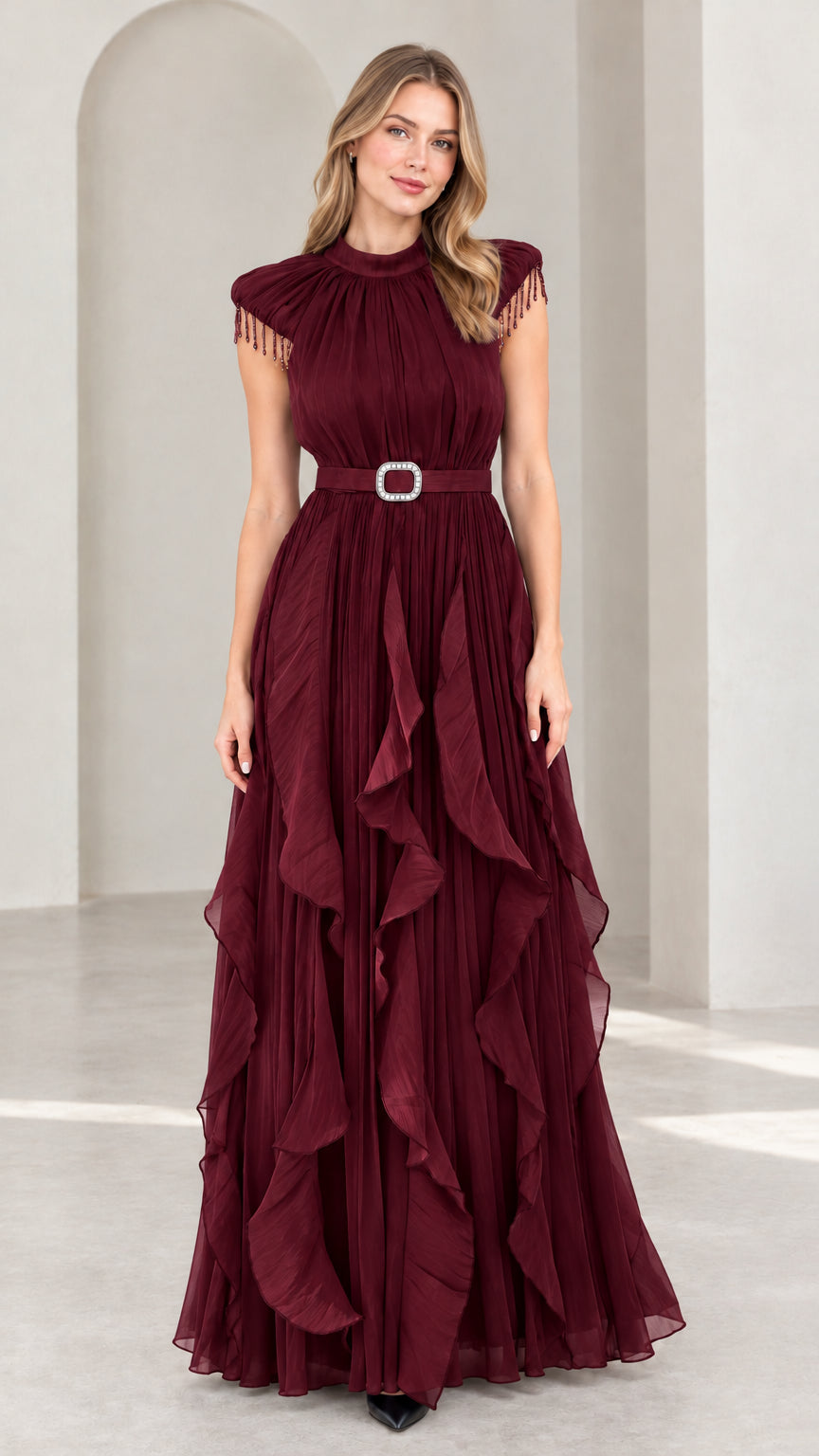 Burgundy wine red pleated evening gown with beaded fringe detail and crystal belt