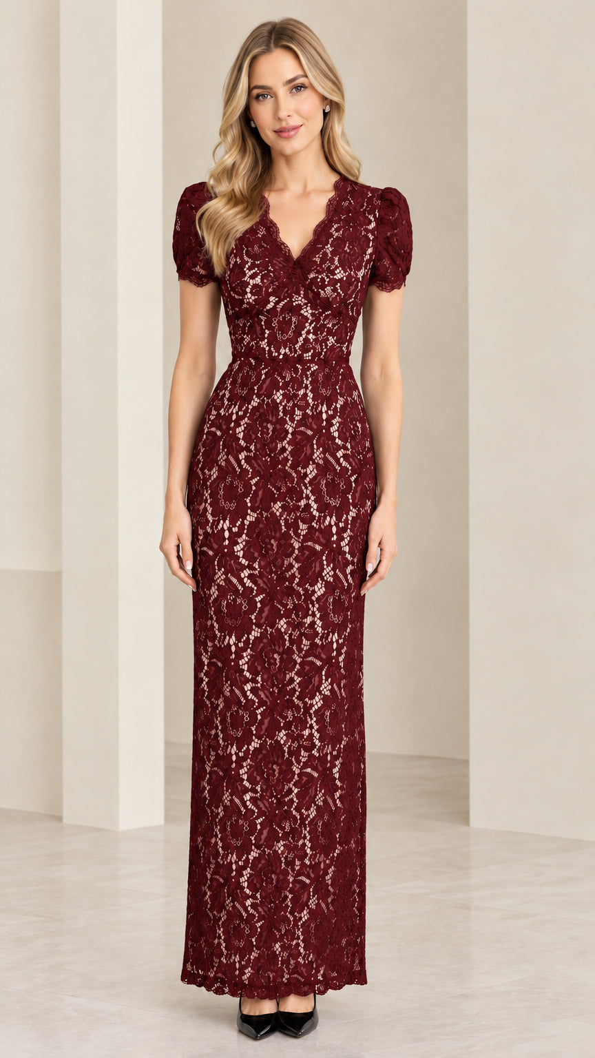 Front full view of model wearing burgundy red floral lace short sleeve maxi dress