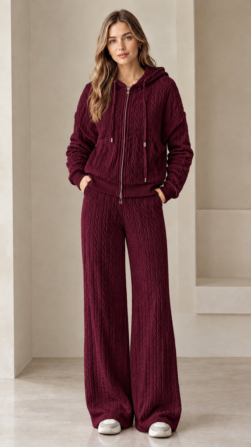 Full-length view of woman wearing burgundy wine cable knit two-piece lounge set