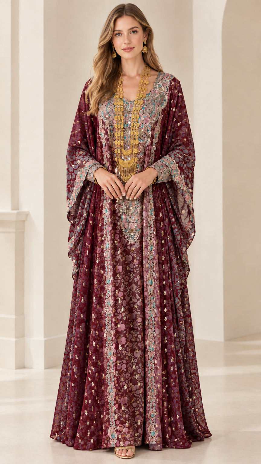 Full-length view of woman wearing Burgundy printed embellished kaftan dress