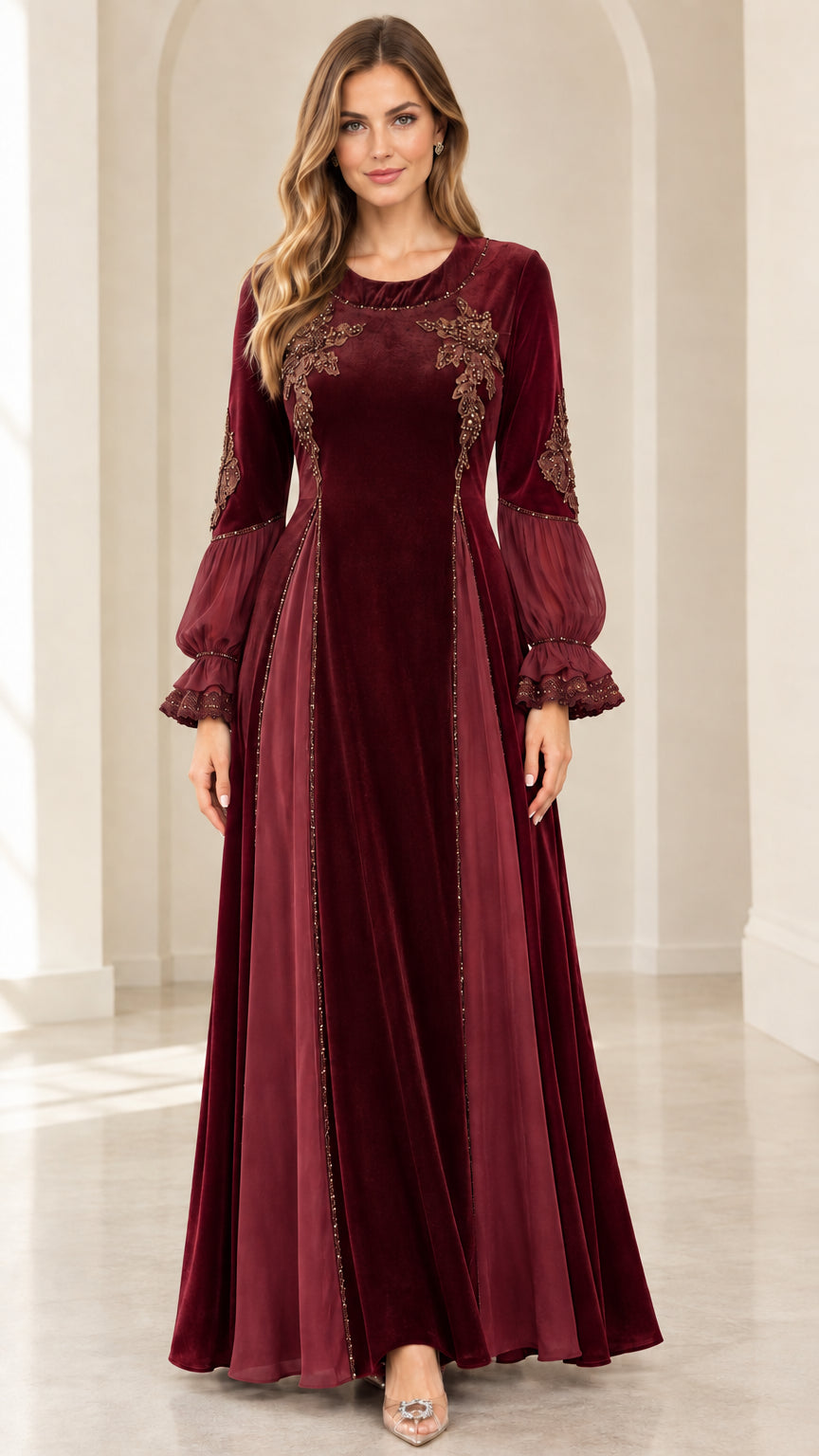 Model wearing burgundy red velvet maxi dress with embellished lantern sleeves