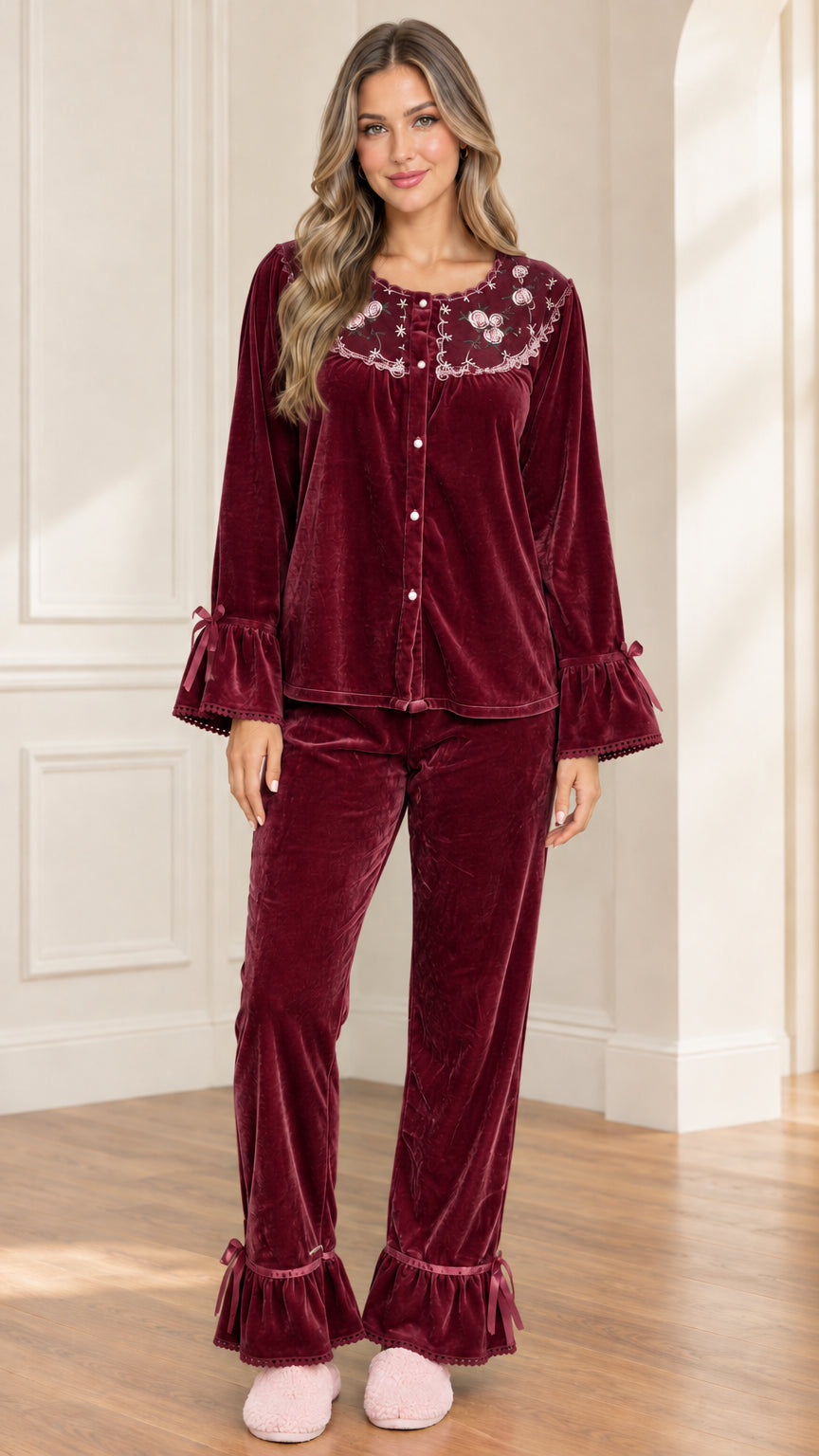 Women's burgundy wine red velvet pajama set with embroidered trim