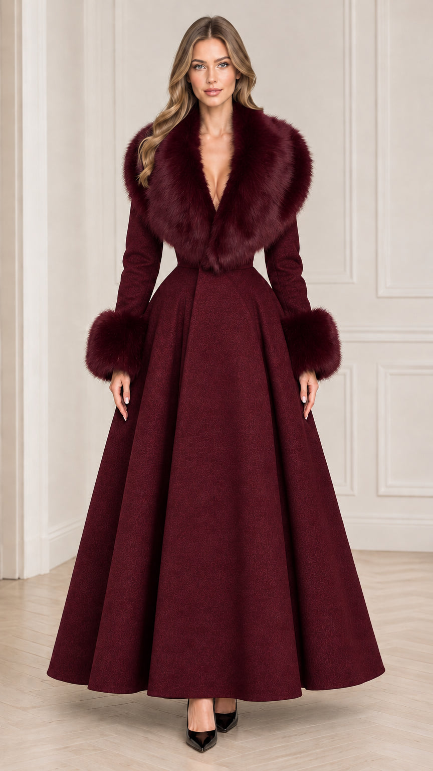Model wearing rich burgundy wine red maxi coat with faux fur accents