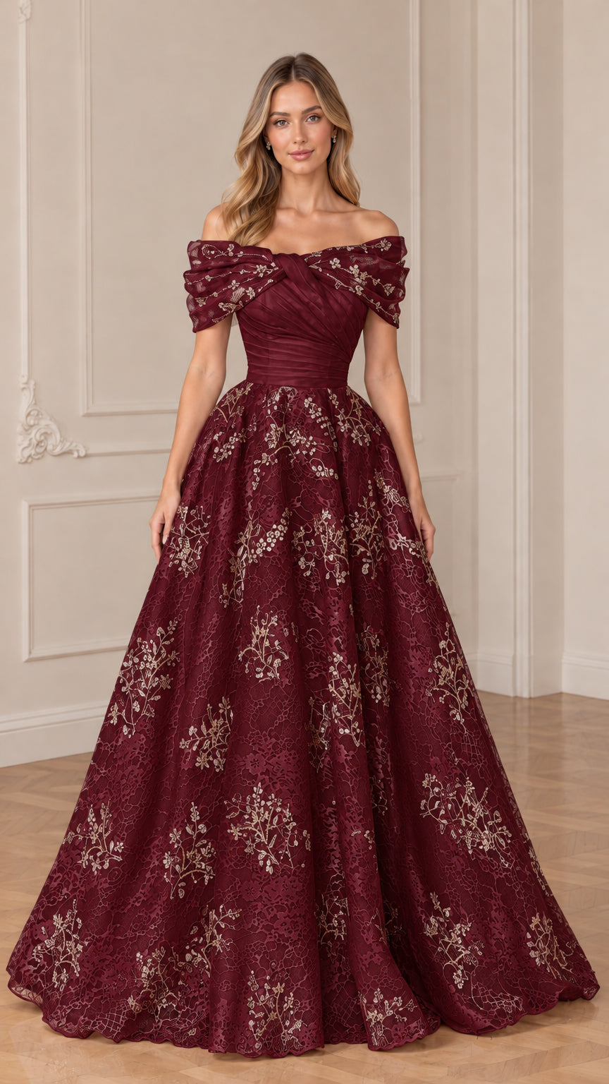 Front view of model in burgundy wine red off-the-shoulder embroidered ball gown
