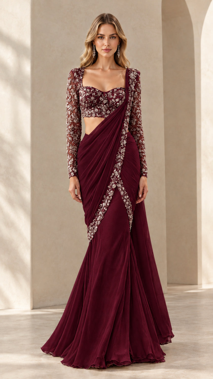 Burgundy wine embellished mermaid saree gown with long sleeves and drape
