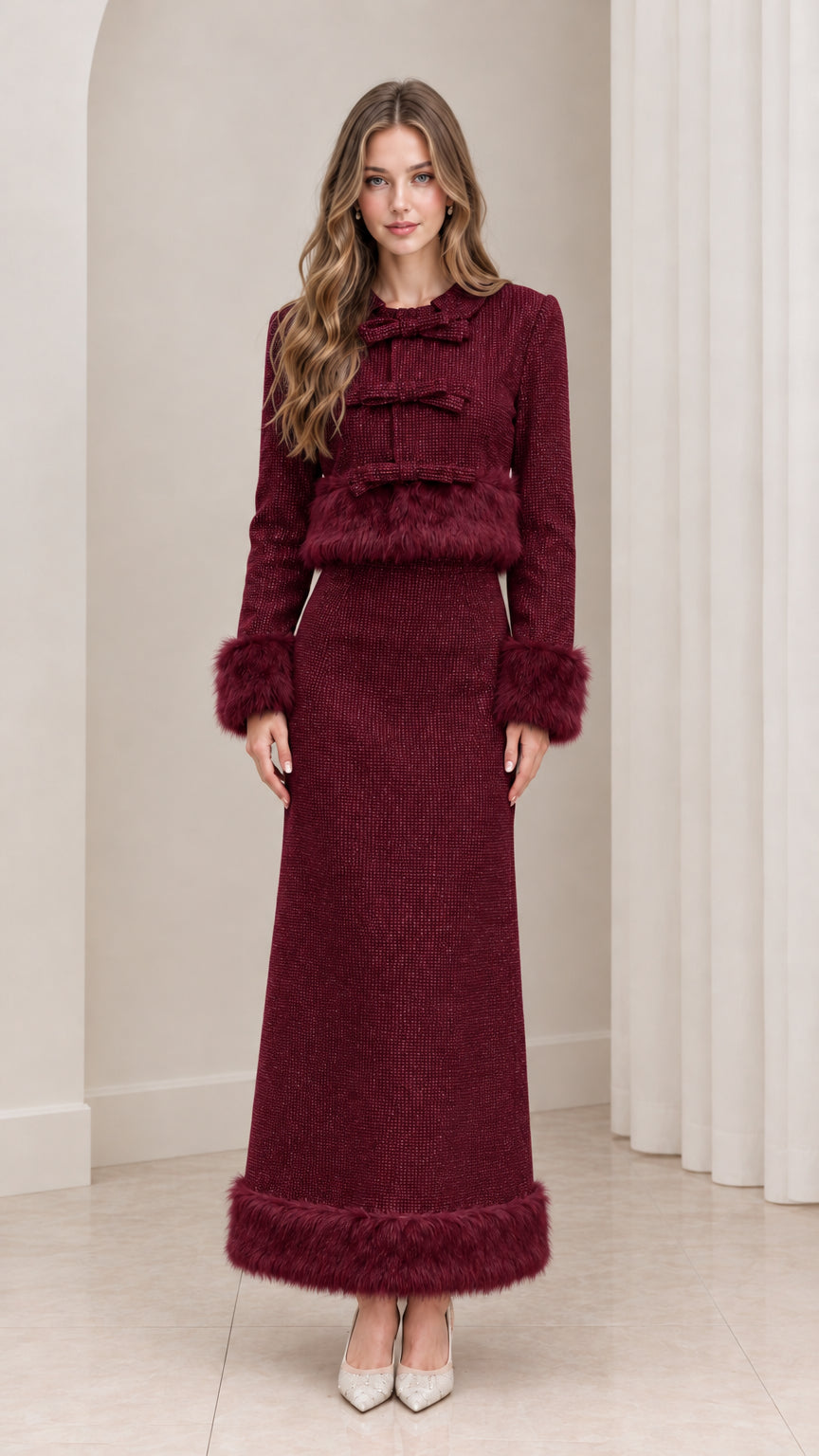 Burgundy textured cropped jacket and maxi skirt set with matching fur trim
