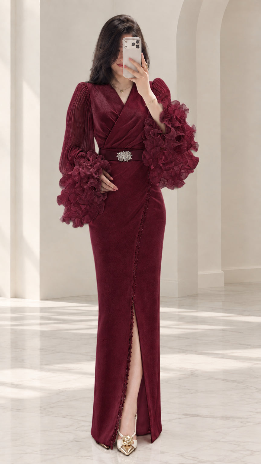 Burgundy wine red formal evening gown with crystal belt and ruffle sleeves