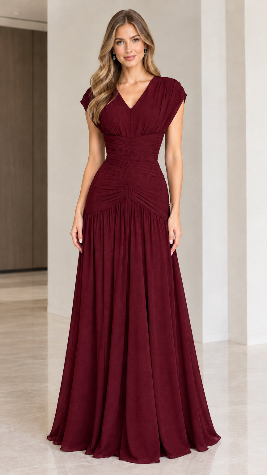 Model wearing Burgundy red pleated cap sleeve evening dress
