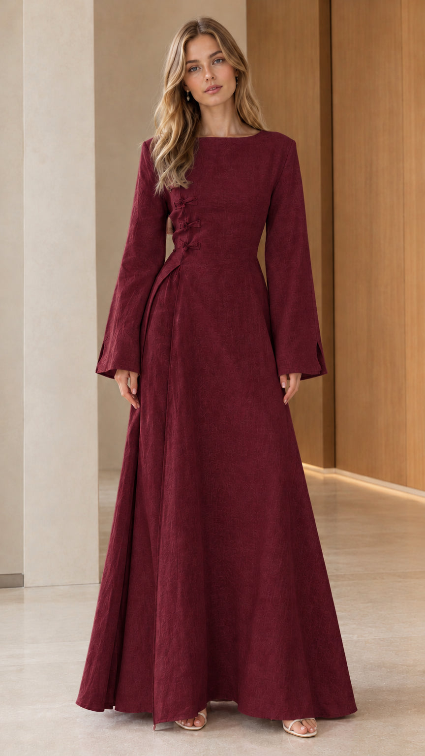 Model wearing Burgundy red evening jacquard maxi dress