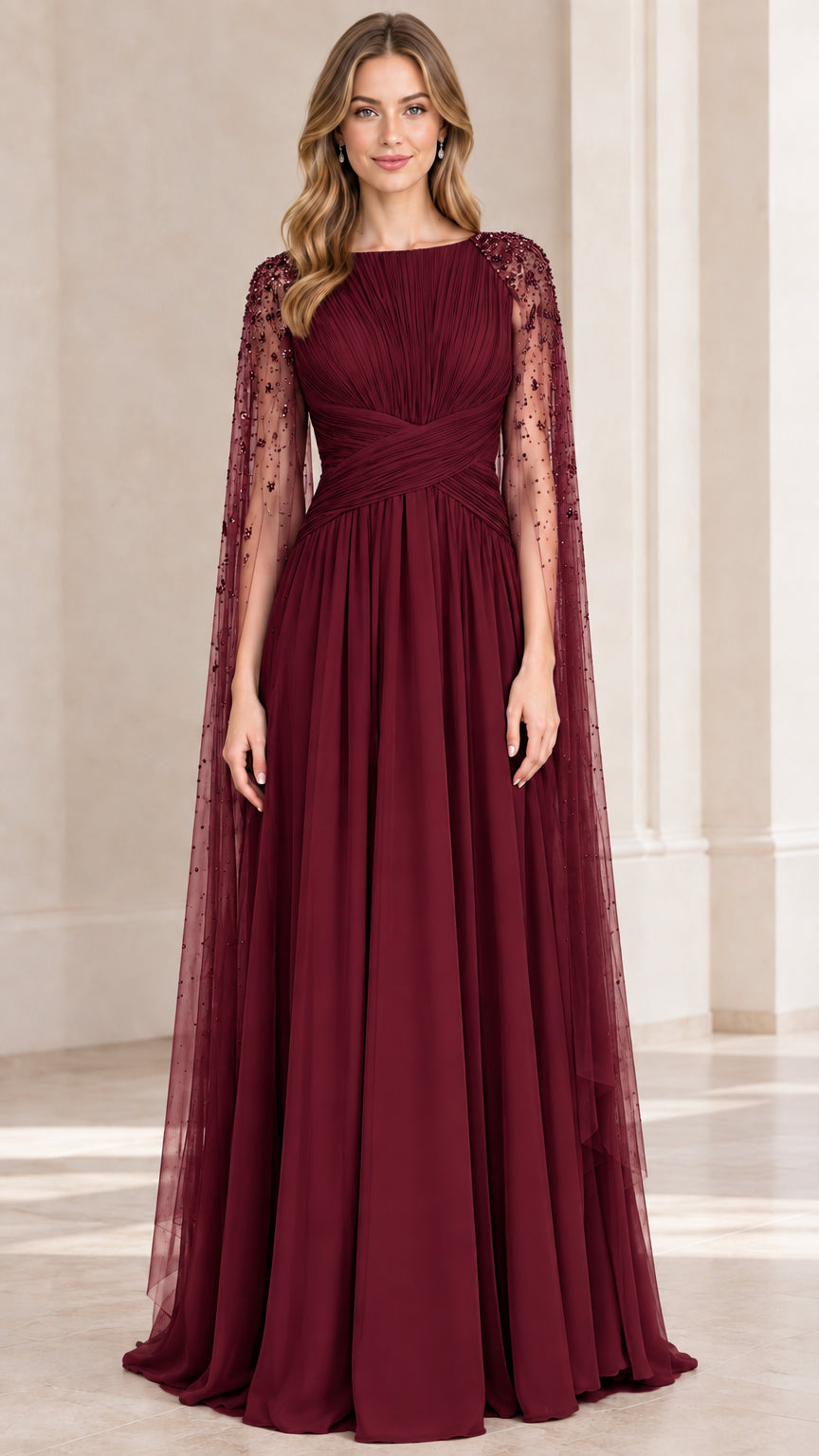 Burgundy wine red pleated cape sleeve formal maxi dress