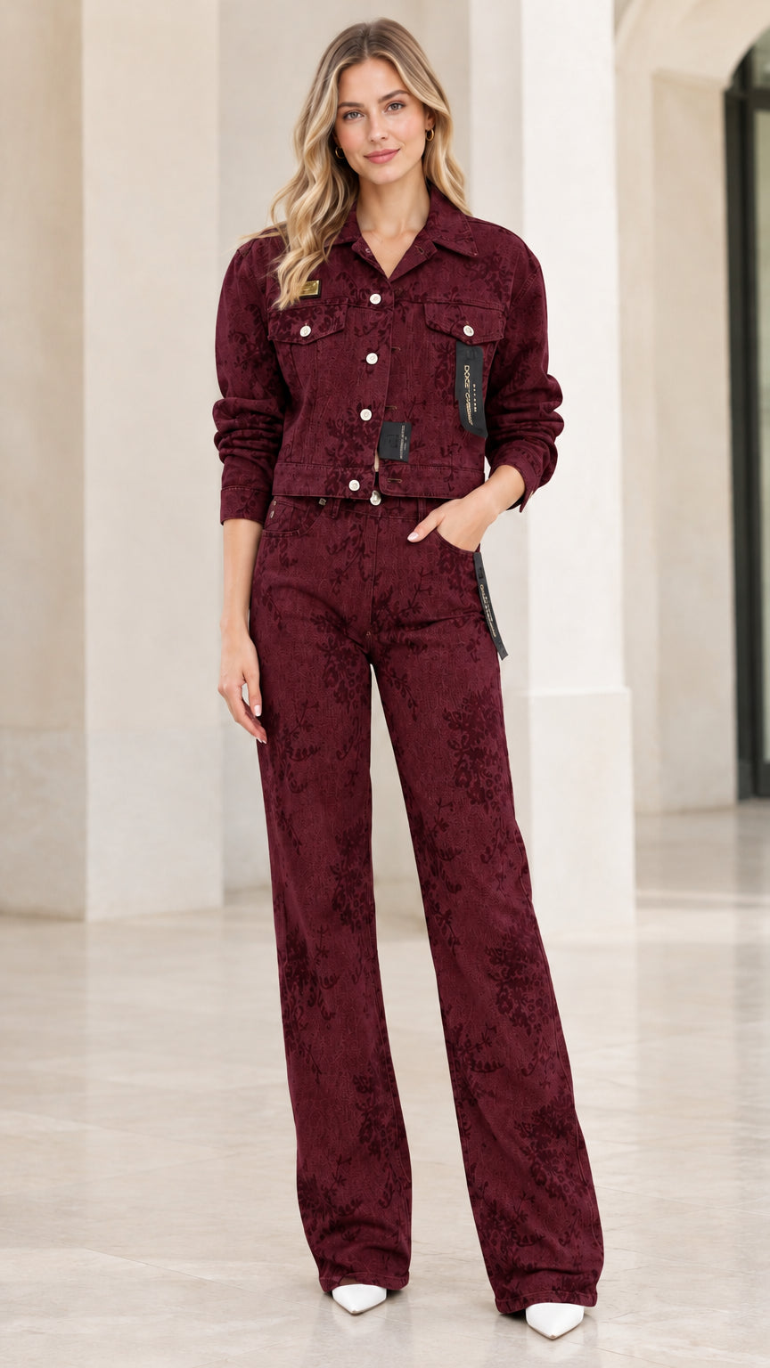 Model wearing burgundy wine red floral pattern denim jacket and trousers set