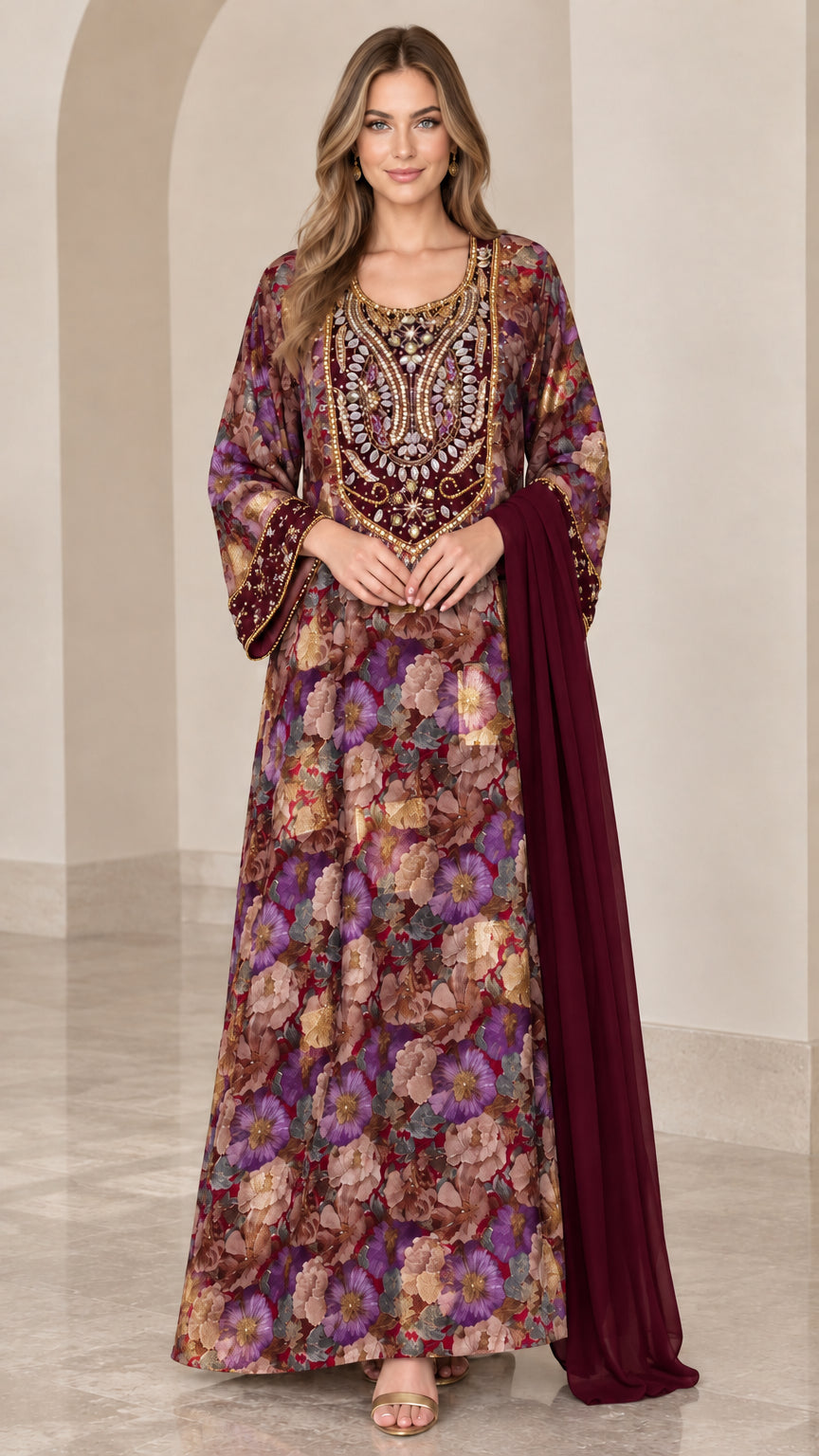 Burgundy floral embellished kaftan maxi dress with deep red sash