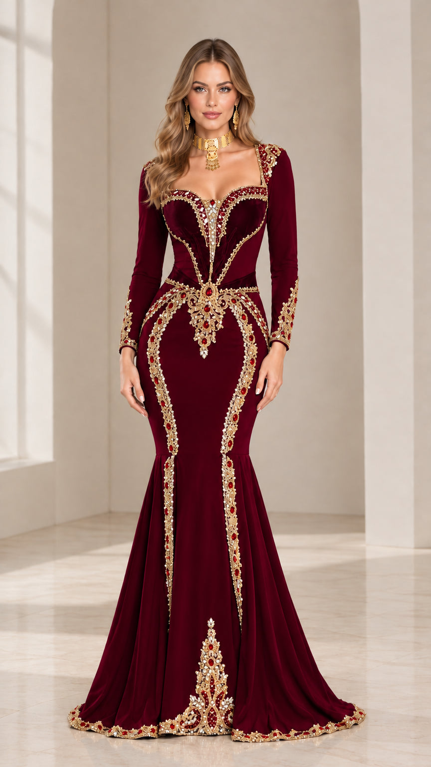 Burgundy wine long sleeve mermaid evening gown with intricate gold bead embroidery