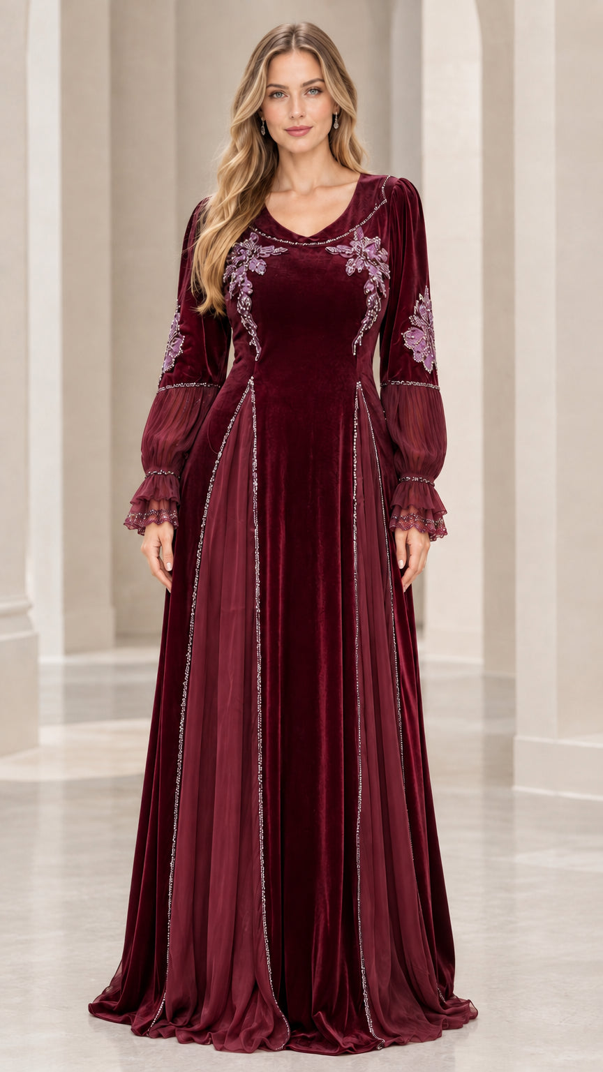 Model wearing Burgundy red embroidered velvet evening gown