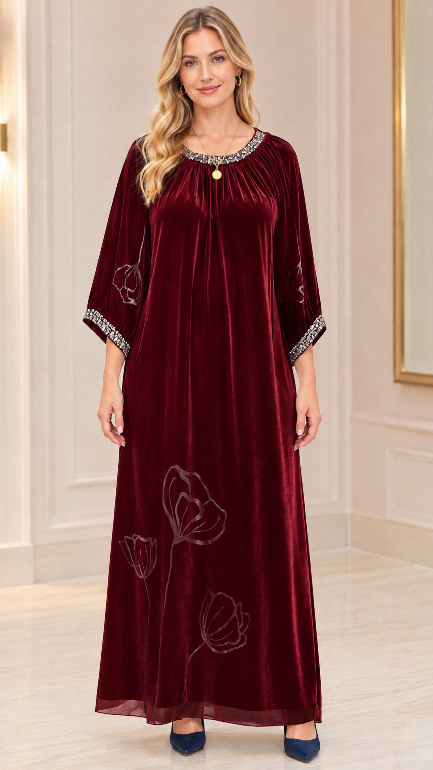 Burgundy wine red velvet maxi evening caftan dress