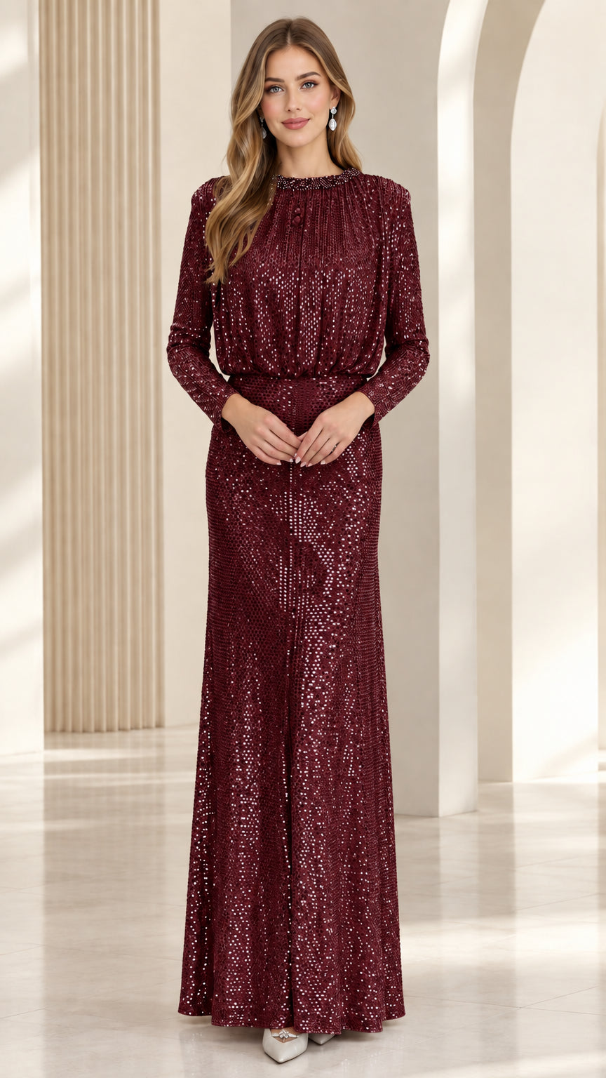 Front full-length view of the long sleeve sequin evening maxi dress in Burgundy