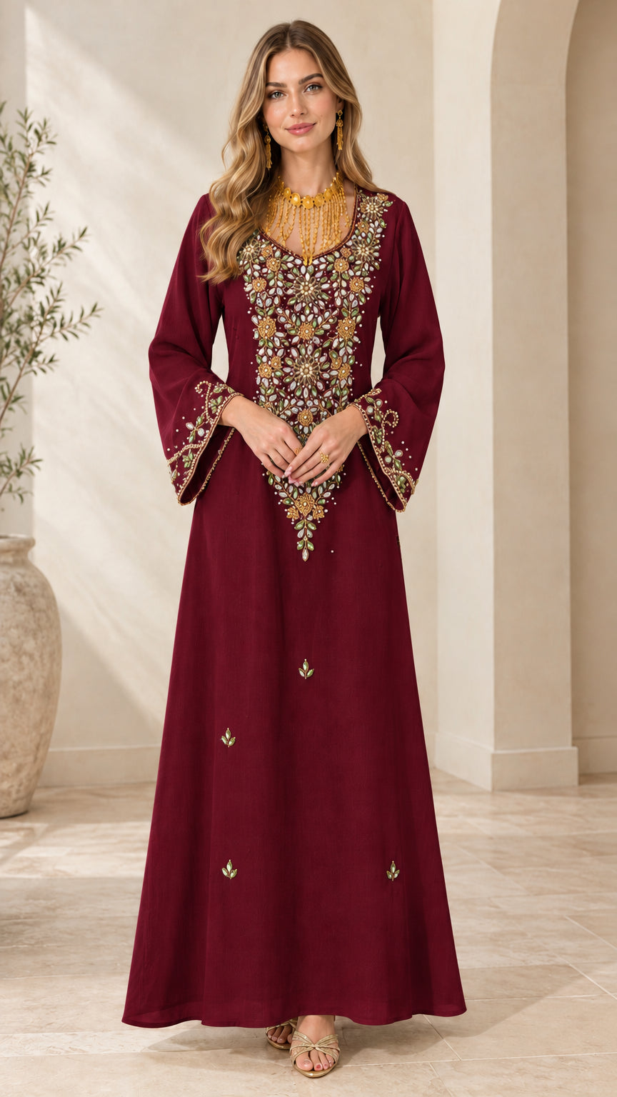 Front full view of woman wearing Burgundy embroidered evening kaftan dress