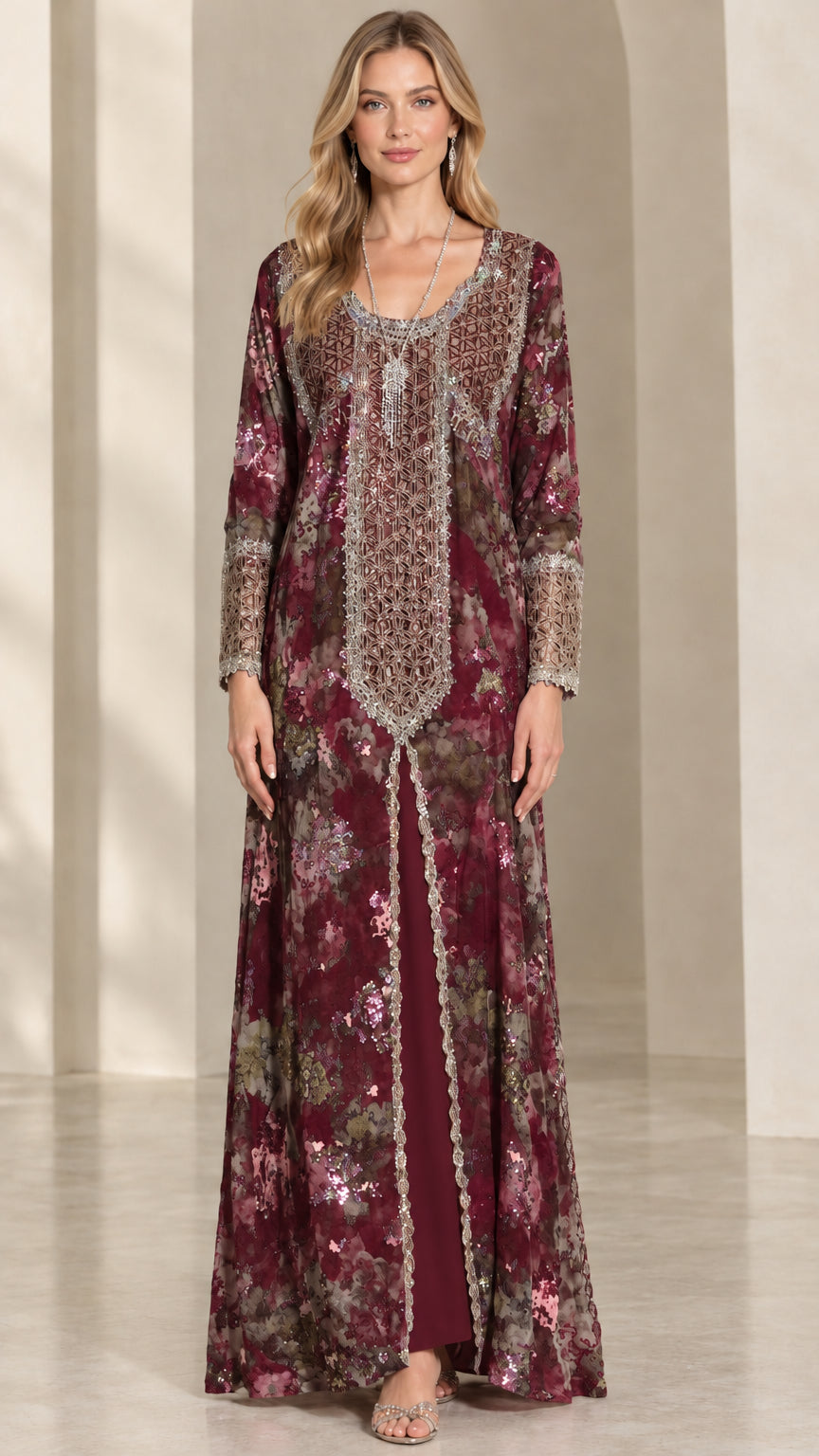 Front view of Burgundy floral embroidered kaftan maxi dress