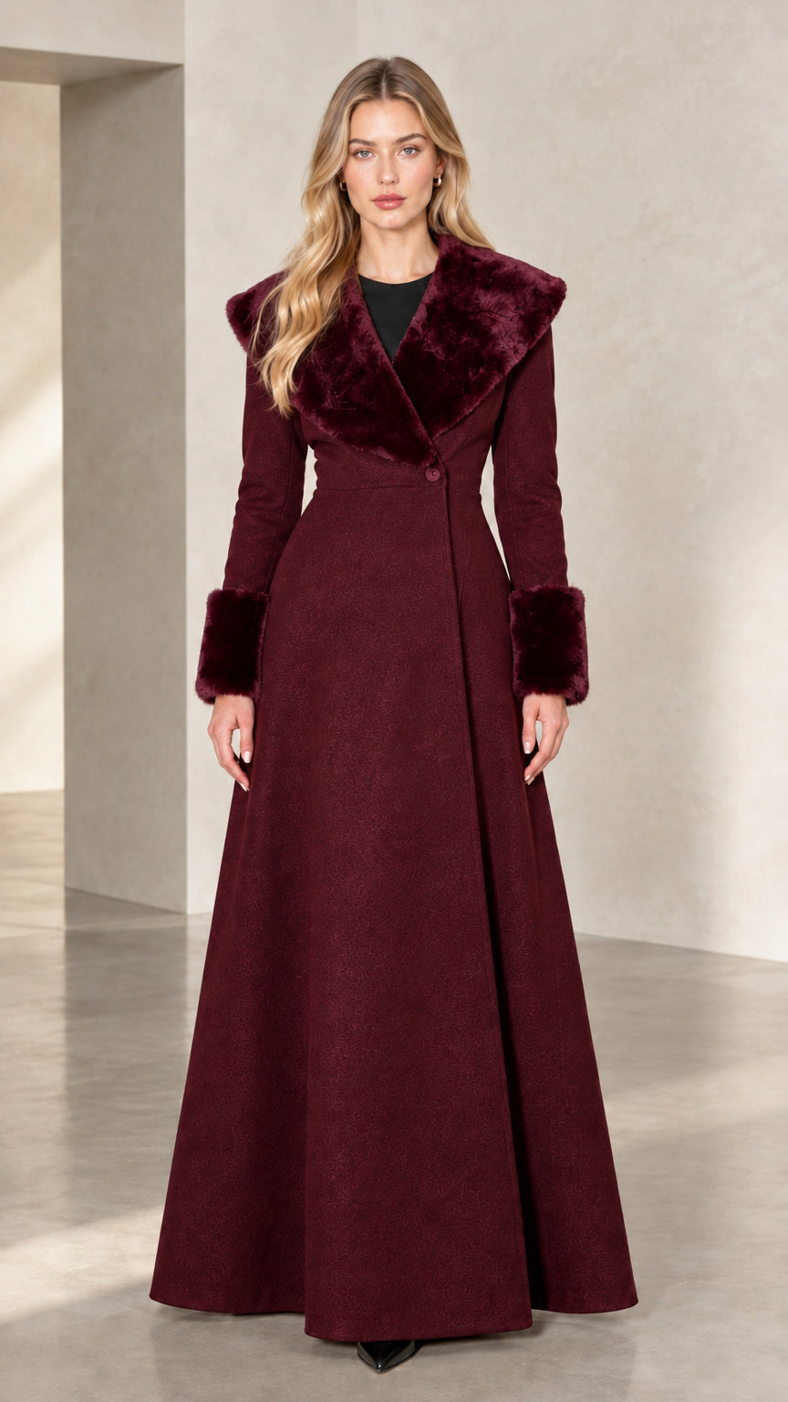Front view of burgundy red maxi winter coat with tonal faux fur trim