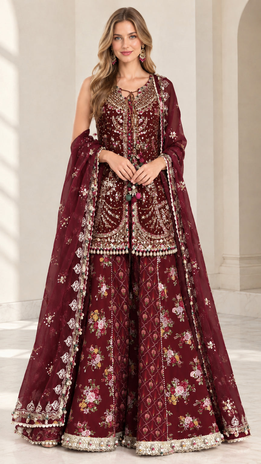 Full-length view of Maroon embroidered festive sharara suit set with dupatta